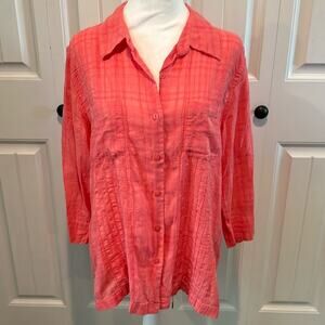 Christopher & Banks Large Coral Textured Semi-Sheer Button Down Blouse Top